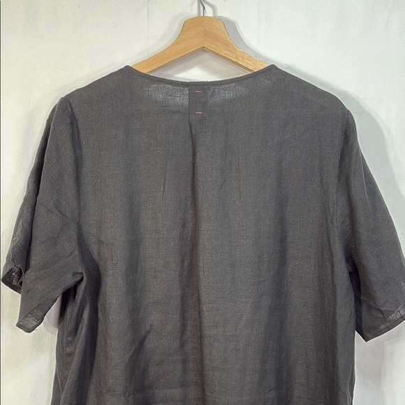 👛 Black linen Short Sleeve Tunic Dress w/ Pockets - Picture 3 of 6